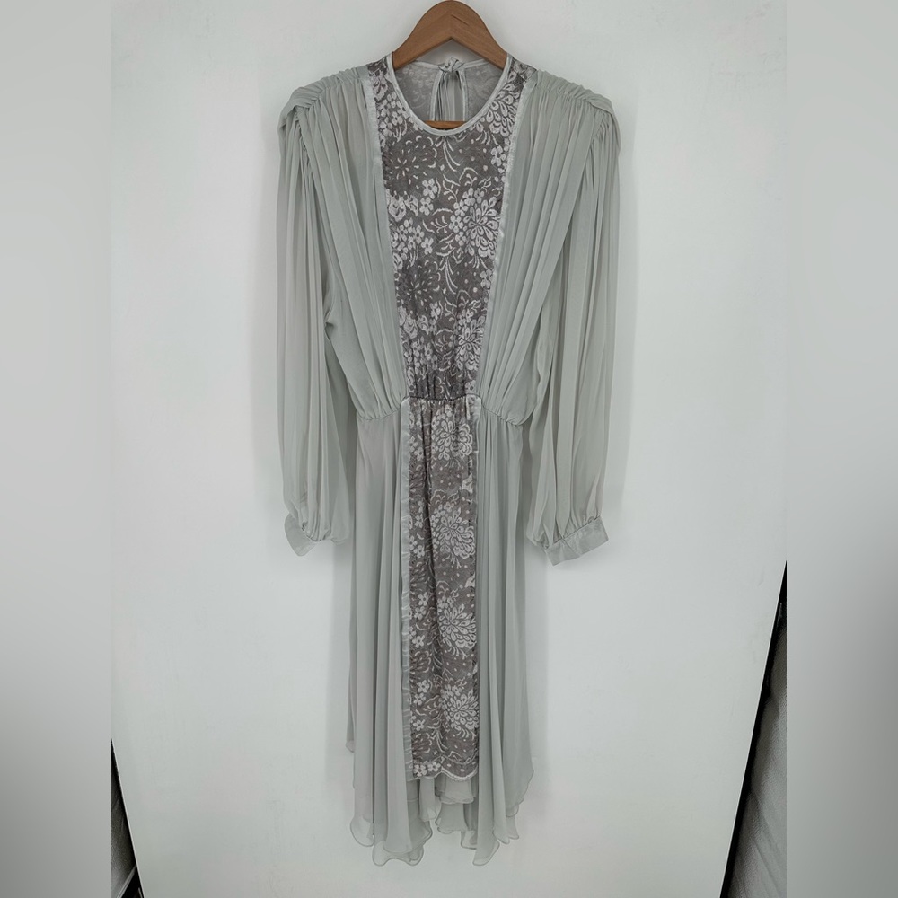 Vintage WAYNE CLARK ALINE MARELLE 80'S Gray floaty Chiffon Dress Dynasty W/Sash